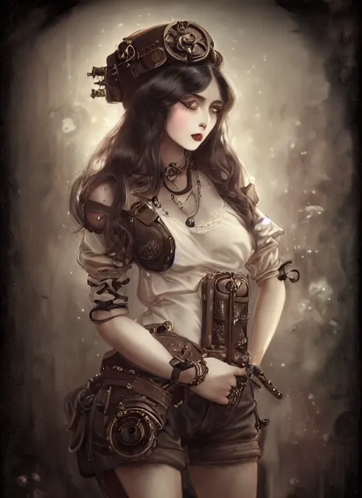 Image similar to daguerreotype of beautiful steampunk girl, white skin, long brunette hair, lipstick, short pants, belts, black croptop, junkyard, high fantasy, highly detailed, digital illustration, by rossdraws, sakimichan frank franzzeta