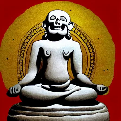 Image similar to yogi sitting in the lotus position in meditation and out of the body holds a skull in his left hand and holds a planet in his right