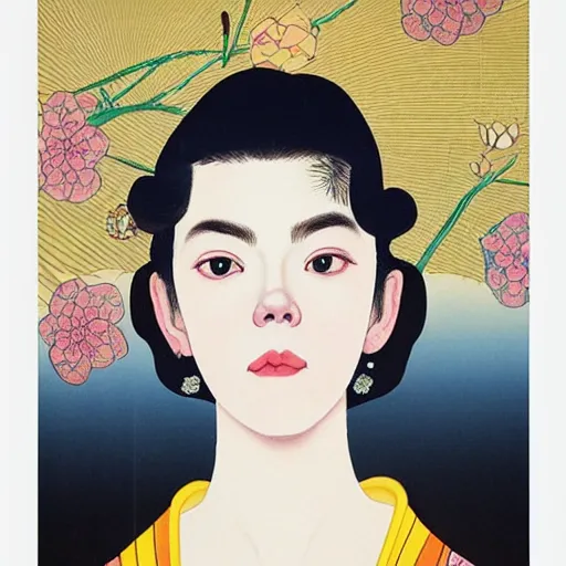 Prompt: “ anya taylor - joy portrait by ikenaga yasunari and ayana otake and ko rakusui, 6 0 s poster, drawing, realistic, sharp focus, japanese, dreamy, nostalgia, faded, golden hues, floral clothes, porcelain skin ”