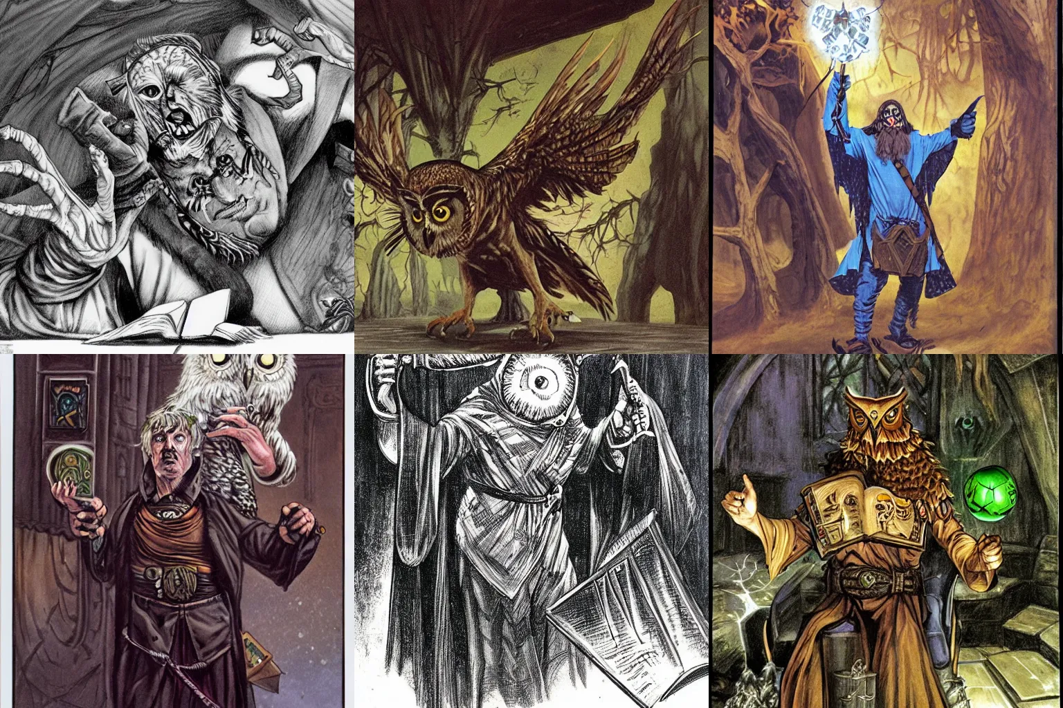 Prompt: A headmaster with an owl head and a monacle, with an injured left eye and spellbook in one feathered hand, Dungeons and Dragons concept art by Larry Elmore