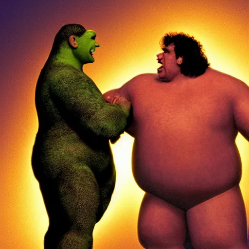 Image similar to shrek vs andre the giant at wrestlemania 8, dramatic lighting, 8k , WWE poster