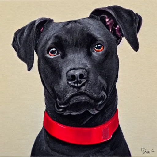 Prompt: painting of a black pitbull lab wearing red collar