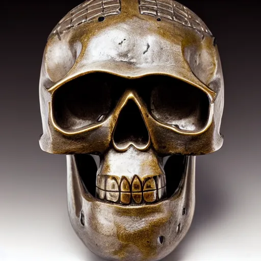 Image similar to skull with a samurai helmet old bronze statue, intricate detail, full shot, museum lighting
