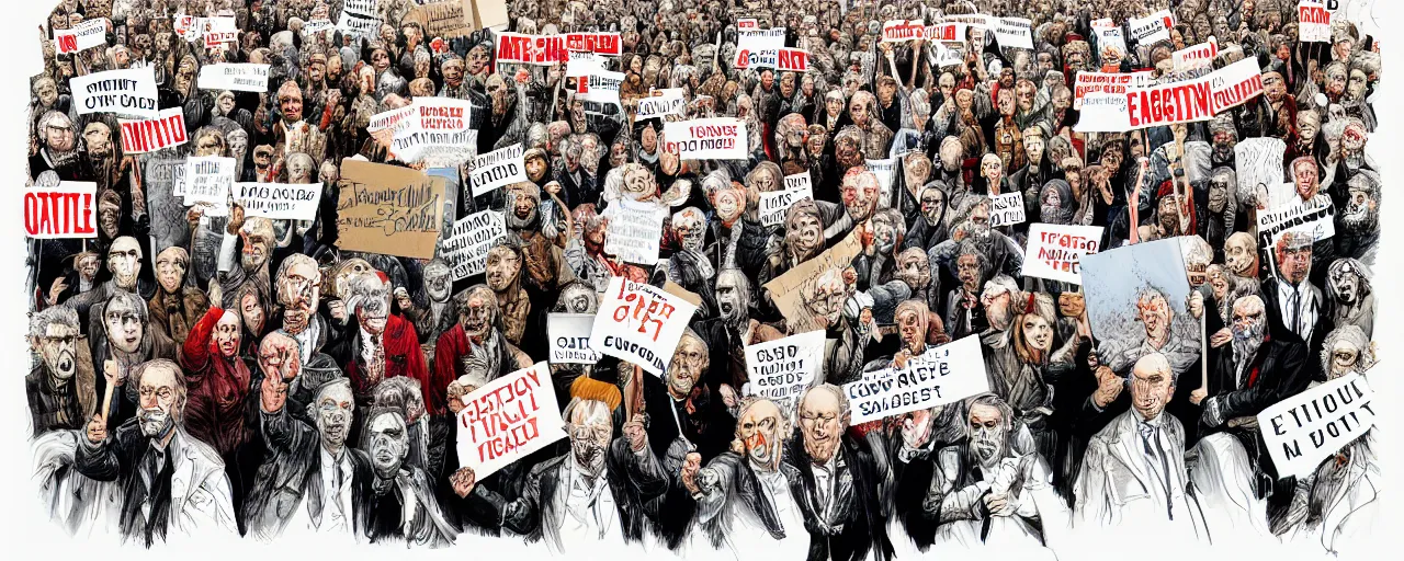 Image similar to an illustration of a crowd of angry political protestors with signs, by gerald scarf and ralph steadman, illustration, front angle, ink splatters, pen and ink, flat color, drawing, facing front, anatomically correct, beautiful perfect face, sharp focus, highly detailed, cinematic lighting, 8 k, hd