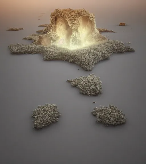 Prompt: surreal theory of elysian unfinished tilted tower made of crystalized power, aerial iridecent veins, moonbow, inverted white massive roots of sand in the floor, in the desert, foggy sky, dark starry night, octane render, unreal engine, pale colors, high detail, 8 k, wide angle, trending on artstation, behance