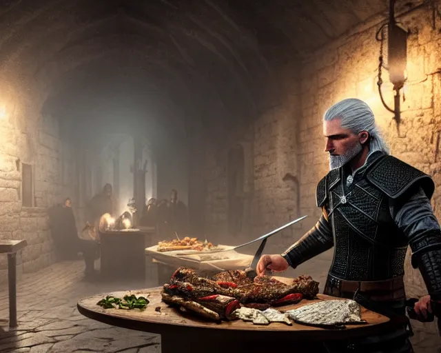 Image similar to 5 5 mm portrait photo of geralt of rivia serving doner kebab, in kaer morhen. dark atmosphere. art by greg rutkowski. highly detailed 8 k. intricate. lifelike. soft light. nikon d 8 5 0.