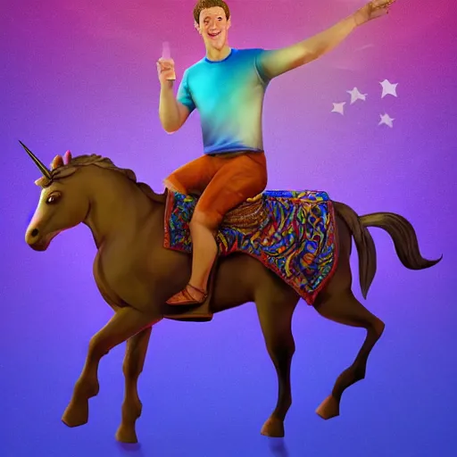 Image similar to mark zuckerberg riding a unicorn, pointing, wearing a crown, paradise landscape, vivid colors, pastelle, digital art, trending on artstation