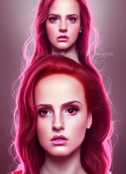 Image similar to full body portrait of teenage cheryl blossom, bangs, green eyes, sultry expression, red hair, sultry smirk, bangs and wavy hair, pink skirt, intricate, elegant, glowing lights, highly detailed, digital painting, artstation, concept art, smooth, sharp focus, illustration, art by wlop, mars ravelo and greg rutkowski