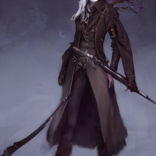 Image similar to female bloodborne hunter, long coat, by charlie bowater, loish, artgerm, krenz cushart, wlop, ilya kuvshinov, range murata