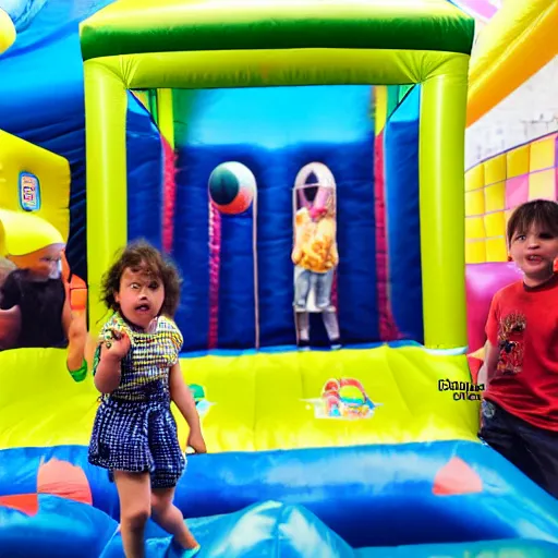 Image similar to a darkly lit indoor children's bounce house photo taken with a deposable camera limital space