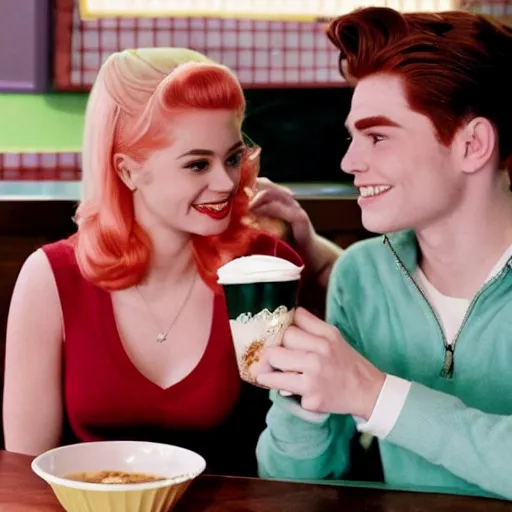 Prompt: Archie Andrews sharing a milkshake with Betty Cooper