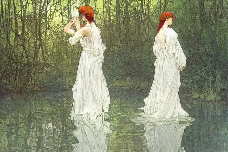 Image similar to a beautiful painting of the back view of a young lady in white dress sitting by the river in a grown forest, looking at her reflection on the water, sunlight reflected on the river, Mucha, Moebius, Mohrbacher