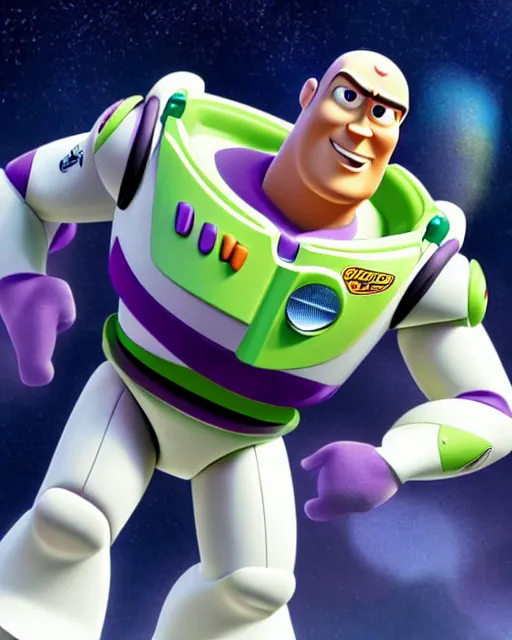 Image similar to Film still close-up shot of Dwayne Johnson as Buzz Lightyear in the movie Toy Story 3. Photographic, photography