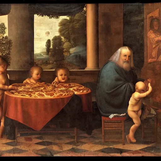 Image similar to a renaissance materpiece painting of a man and his son eating pizza and watching television, leonardo da vinci