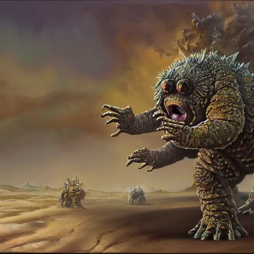 Image similar to realistic oil painting of a tardigrade kaiju, with 6 legs in a desert storm, by james gurney, by frank frazetta, by georgia o keeffe, slimy, gue, big globule eye, godzilla, vintage, concept art, oil painting, tonalism, fantasy, crispy, dune