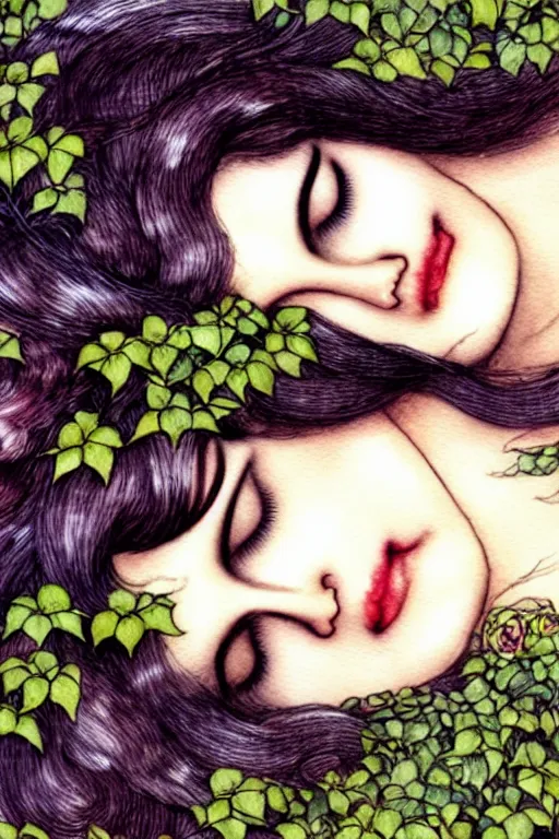 Image similar to closeup face shot of sleeping woman with long hair on a bed surrounded by ivy and flowers, fantasy art, trending on artstation, sleeping beauty fairytale, art by luis royo and walter crane and kay nielsen, watercolor illustration,