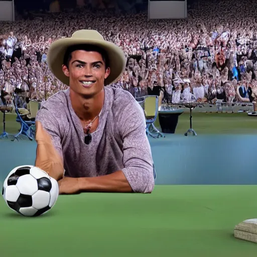 Image similar to a still from the antiques roadshow, cristiano ronaldo with a priceless soccer ball, uhd, 8k,