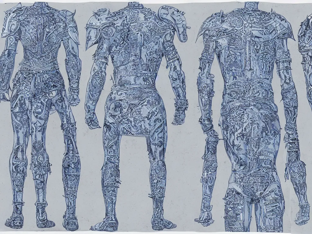 Image similar to blue board blueprint with lots of annotations of legs of an ornate armour, views front side and rear, covered in runic tattoos, Travis Charest style