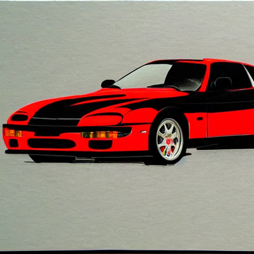 Prompt: pen ink drawing black red 1999 FD RX-7 front side view dynamic racing motion blur Shuichi Shigeno and Michiharu Kusunoki