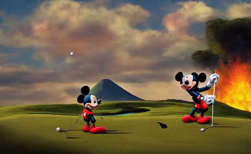 Image similar to mickey mouse golfing on a volcano, realistic, photography, detailed