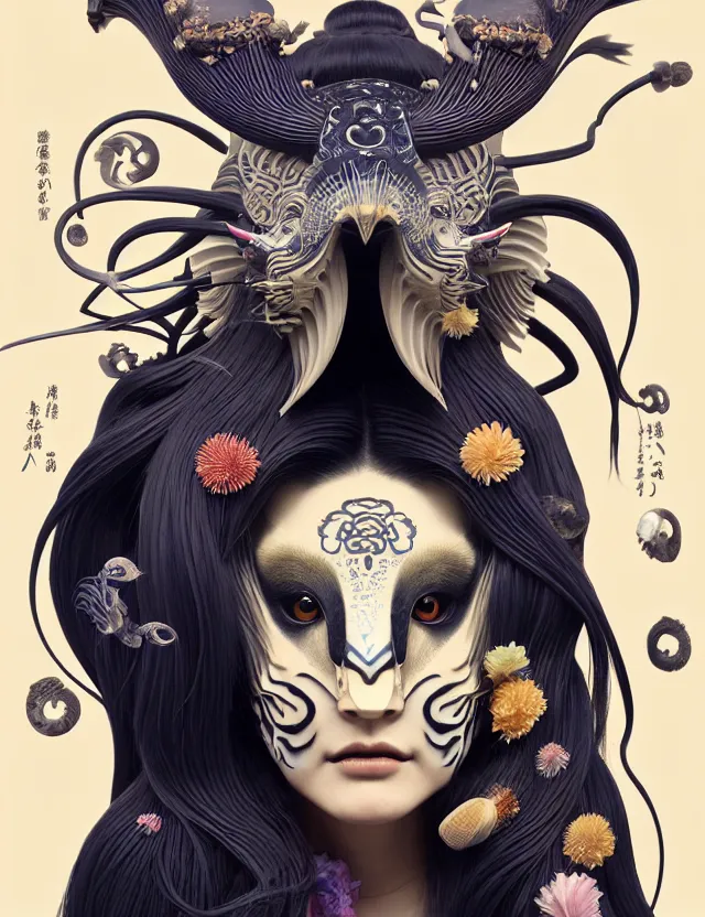 Image similar to 3 d goddess half - turn portrait with long hair with ram skull. beautiful intricately detailed japanese crow kitsune mask and clasical japanese kimono. betta fish, jellyfish phoenix, bio luminescent, plasma, ice, water, wind, creature, artwork by tooth wu and wlop and beeple and greg rutkowski