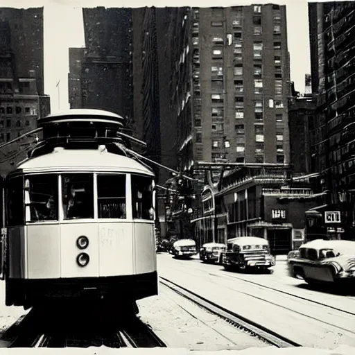 Prompt: picture of a red tramway in new york, 1 9 5 0, black and white, polaroid shot, beautiful artistic photography