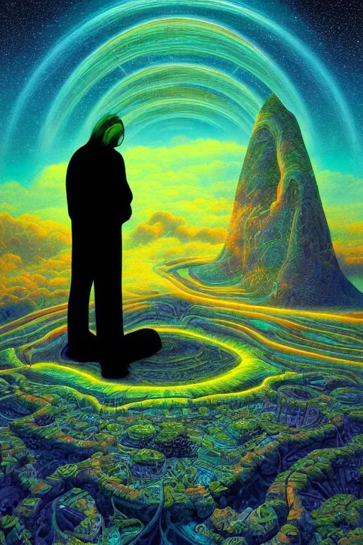 Prompt: massive large human dark black unassuming figure in center of psychdelic city tranquil dreamworld in the clouds, surrealist and abstract digital art trending on artstation by artist Rob Gonsalves and Mark Riddick supreme peace immense knowledge black neon orange bright blue verdant plant green gold dmt art