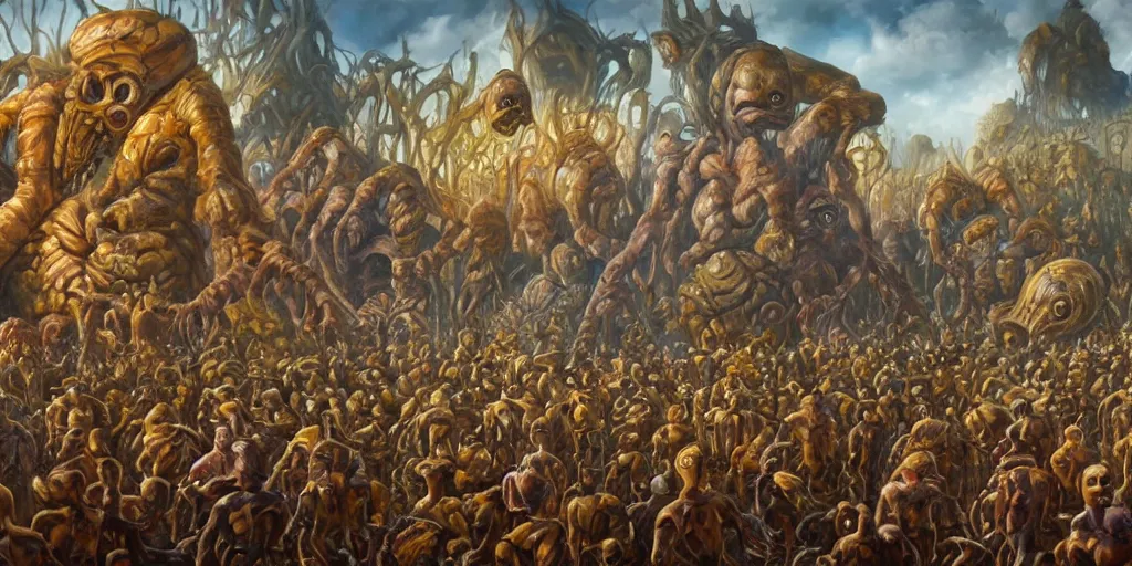 Prompt: surreal landscape full color oil painting of a terrifying bizarre parade deep perspective small biomorphic creatures in background large disturbing humanoids in the foreground perfect composition golden ratio epic scene hyperrealistic detail