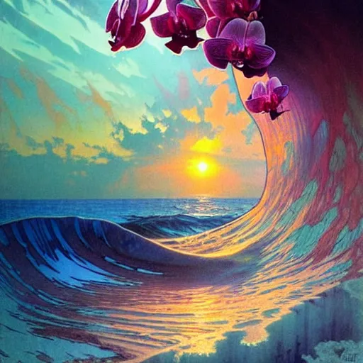 Image similar to orchid flower surrounded by ocean wave, lsd water, dmt waves, backlit, sunset, refracted lighting, art by collier, albert aublet, krenz cushart, artem demura, alphonse mucha