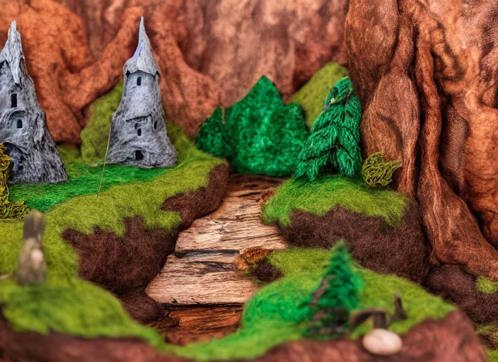 Image similar to high - res photograph of a felt and copper wire sculpture diorama with fantasy castles, highly detailed sculpey diorama, forest setting in iceland, waterfall backdrop, realistic materials, wood, felt, cloth, burlap, copper wire, hot glue, smooth, sharp foccus, commercial product photography,