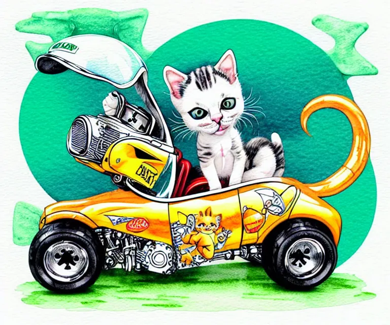 Image similar to cute and funny, kitten wearing a helmet riding in a tiny hot rod with oversized engine, ratfink style by ed roth, centered award winning watercolor pen illustration, isometric illustration by chihiro iwasaki, edited by range murata, tiny details by artgerm and watercolor girl, symmetrically isometrically centered