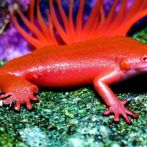 Prompt: axolotl salamander, fiery gills, red skin