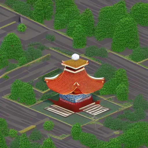 Image similar to an isometric 3 d render of a shinto shrine in the forest, isometric
