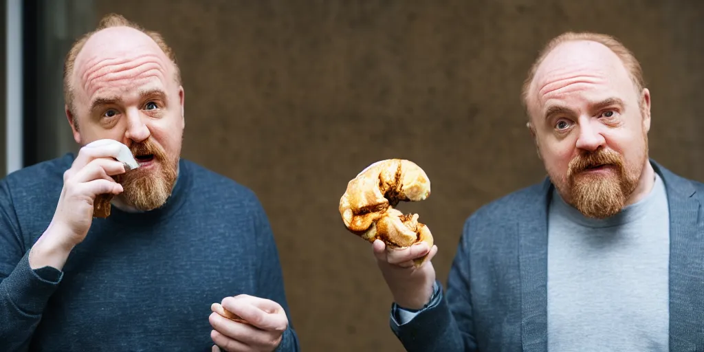 Image similar to louis c k eating a cinnamon roll, xf iq 4, f / 1. 4, iso 2 0 0, 1 / 1 6 0 s, 8 k, raw, unedited, symmetrical balance, in - frame, sharpened