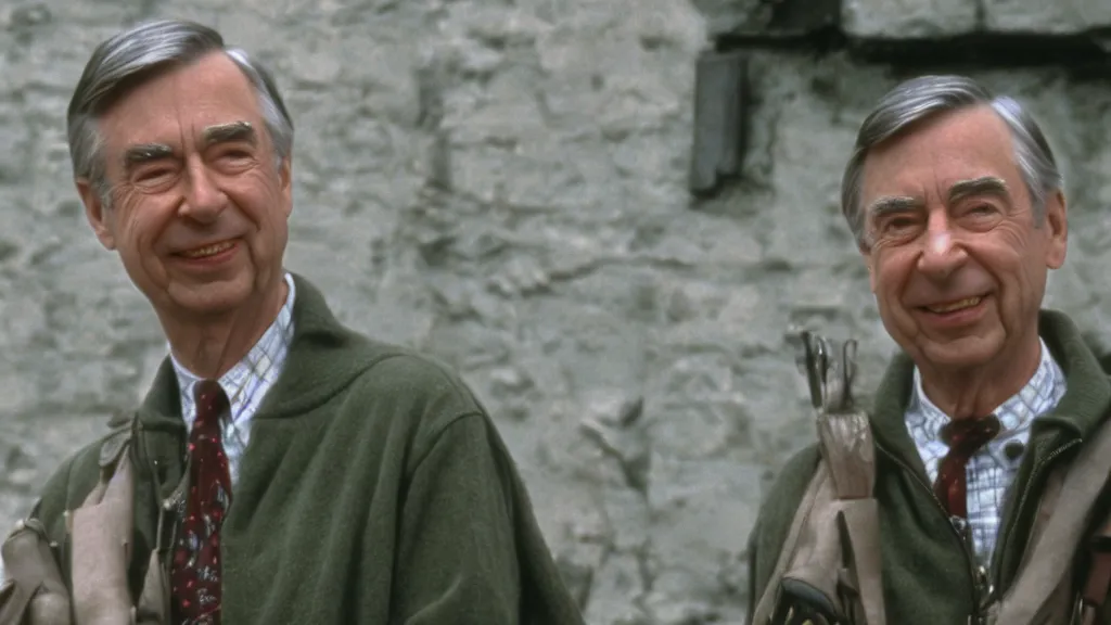 Prompt: still image of mr rogers on saving private ryan, cinematic, anamorphic, dramatic, 4 0 mm f / 2. 8