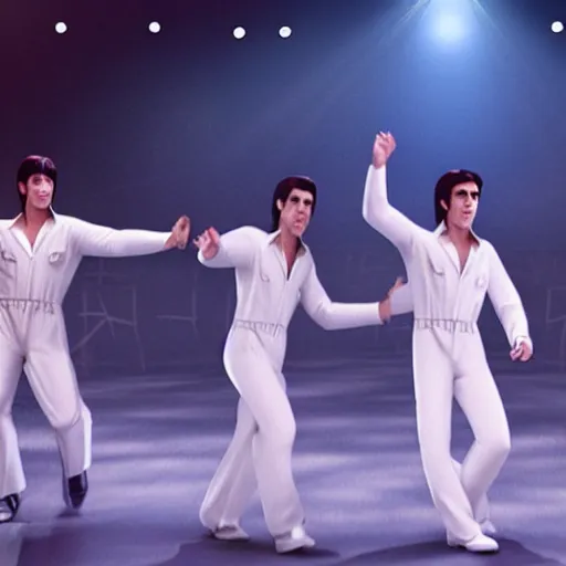 Image similar to 3 d rendered movie still saturday night fever with astronauts. 4 k, ue 5, ocatane 3 d, dramatic lighting.