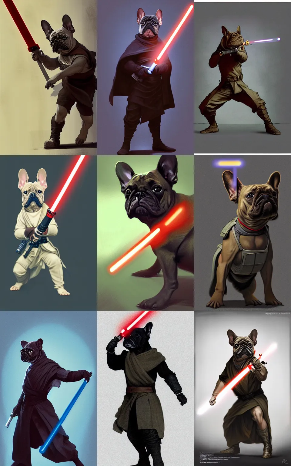 Prompt: character concept portrait, jedi french bulldog holding a light saber in a combat stance. dark background. digital painting, concept art, smooth, sharp focus, illustration, from metal gear, by ruan jia and mandy jurgens and william - adolphe bouguereau, artgerm