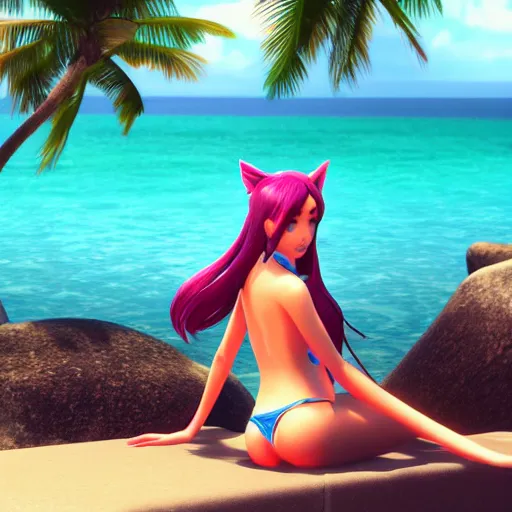 Image similar to beautiful render of pool party Ahri (league of legends) looking at the horizon in a hawaii beach, 3d, octane render, realistic, highly detailed, trending on artstation