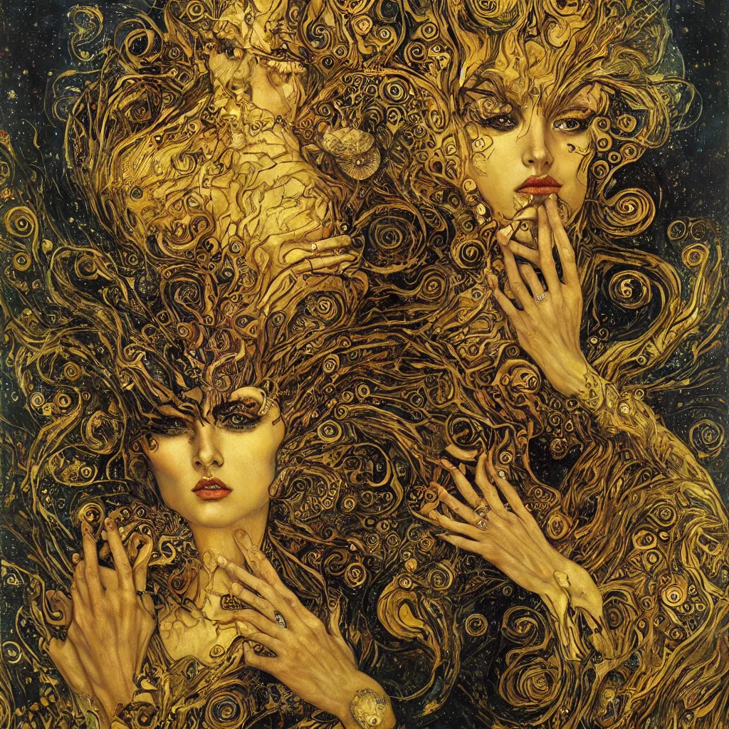 Image similar to Divine Chaos Engine by Karol Bak, Jean Deville, Gustav Klimt, and Vincent Van Gogh, beautiful visionary mystical portrait, sacred, otherworldly, fractal structures, Surreality, ornate gilded medieval icon, third eye, spirals, horizontal symmetry