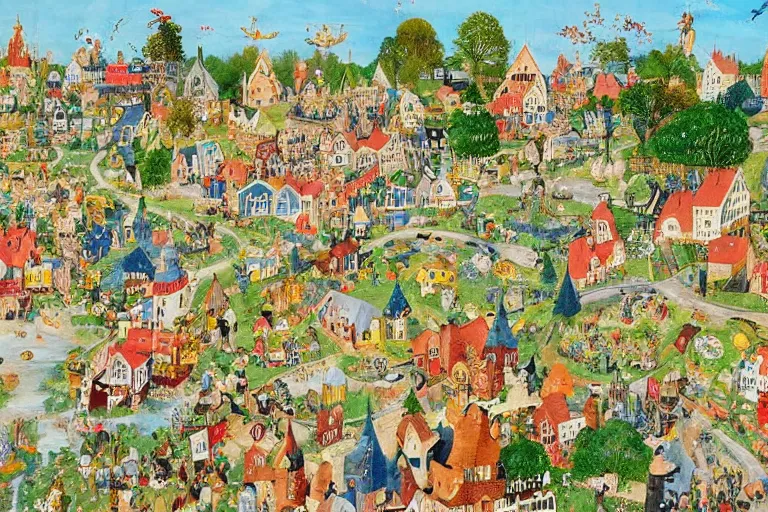 Prompt: an elaborate and dense painting of a peaceful neighborhood, detailed, made of alcohol ink on parchment and penned illustrations, by richard scarry and ( ( ( ( ( hieronymus bosch ) ) ) ) ) and geoff darrow!!!!!