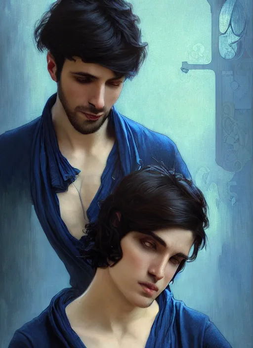 Prompt: handsome young man with short black hair, male, dressed in blue, looking down, half body shot, arms down, path traced, highly detailed, high quality, digital painting, bastien lecouffe - deharme, alphonse mucha, art nouveau