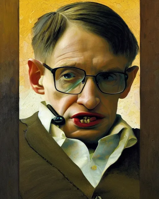 Image similar to painterly portrait, stephen hawking, impasto, fantasy, chuck close:7, carl spitzweg:7, cinematic light, full face, symmetrical face