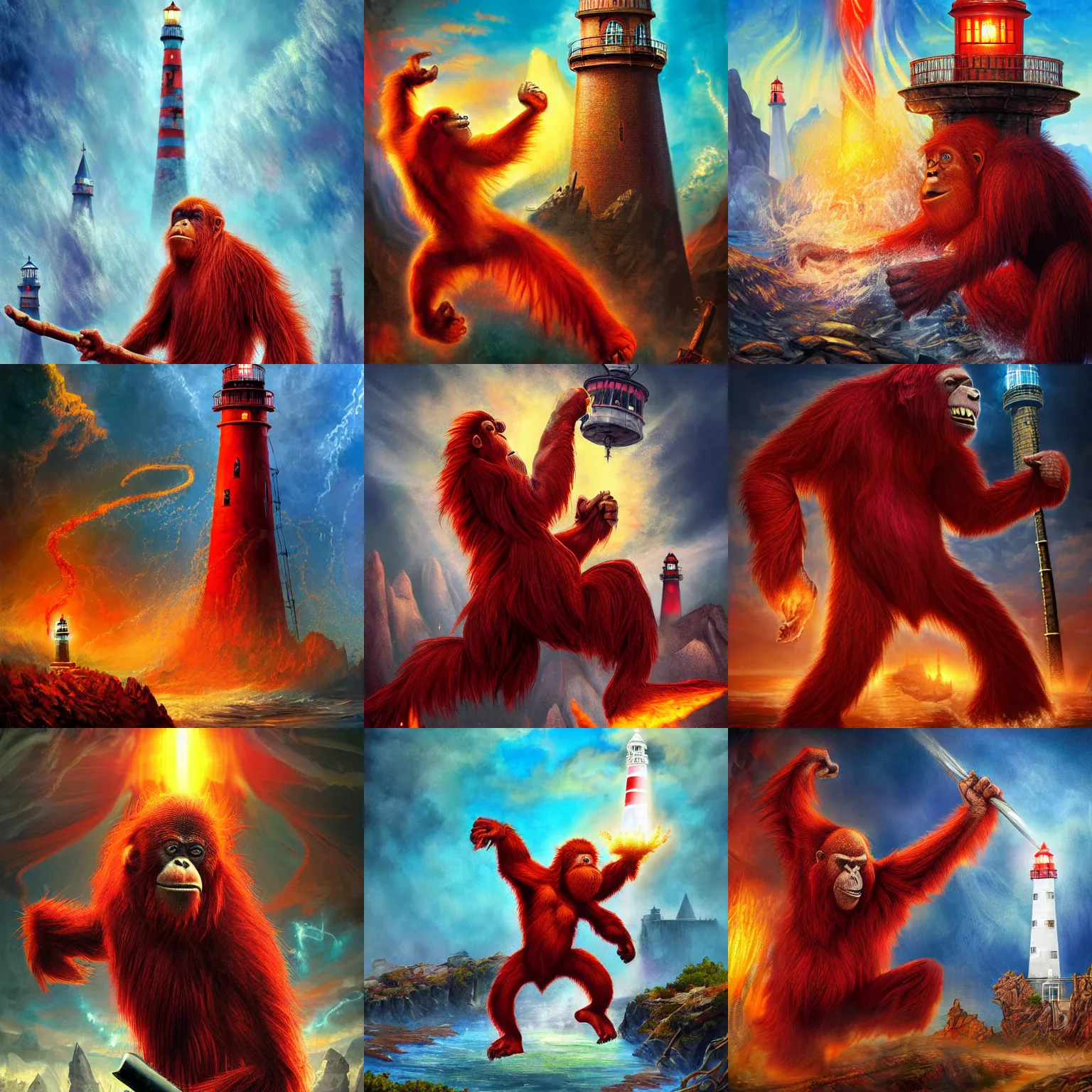 Prompt: might and magic 6 poster artwork, raging red orangutan shaking small lighthouse building, oil, vibrant color, pen edges, fantasy digital art, 4 k,