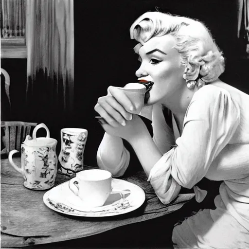 Image similar to Marilyn Monroe drinking tea, in the style of Carl Larsson