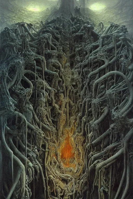 Image similar to hyper realistic painting portrait of the gates of hell by wayne barlowe, beksinski, hr giger, austin osman spare