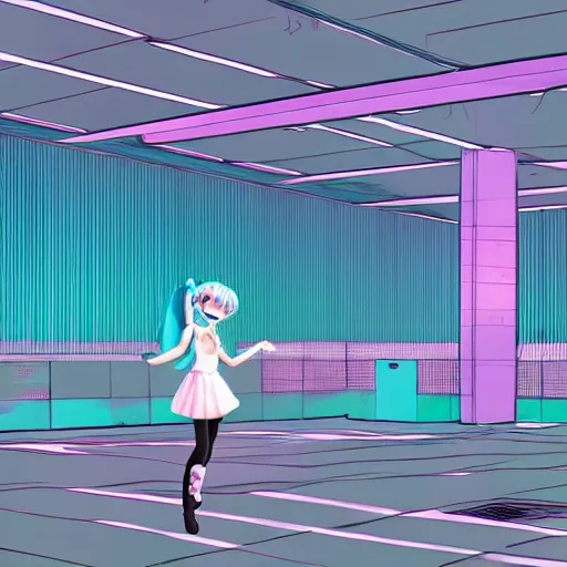 Prompt: full body digital painting of hatsune miku inside a liminal space abandoned ikea