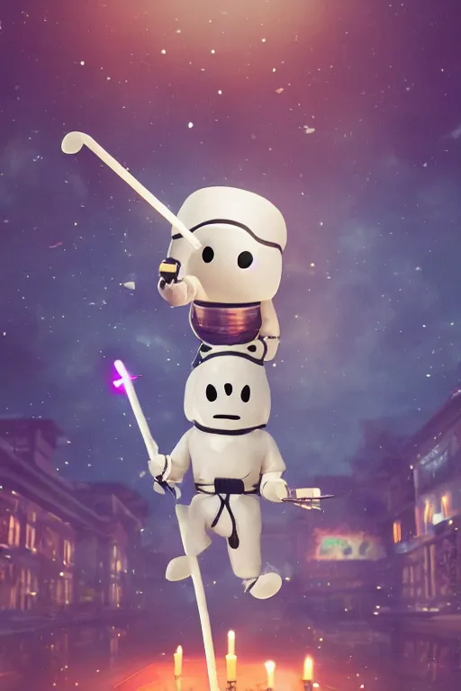 Image similar to Marshmallow Astronaut with wings swinging katana, magical atmosphere, neon, cinematic shot, intricate, ornate, photorealistic, ultra detailed, realistic, 100mm, photography, octane, high definition, depth of field, bokeh, 8k, artstation