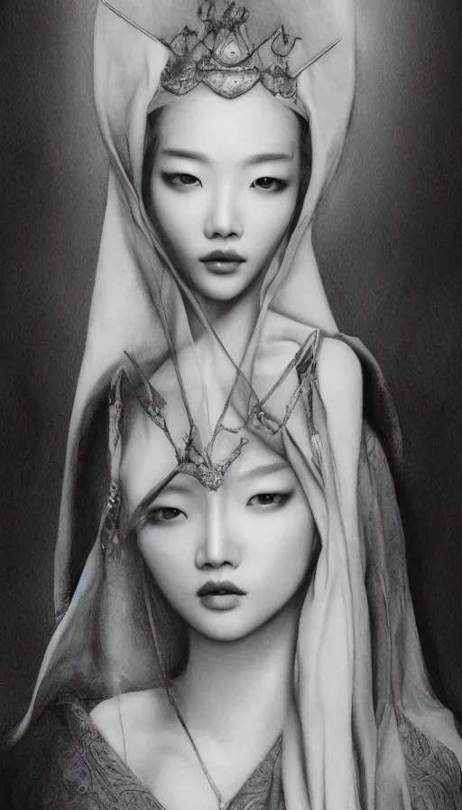 Image similar to model yoon young as the high priestess, by soeymilk, black and white graphite drawing, smooth render, 3 / 4 view