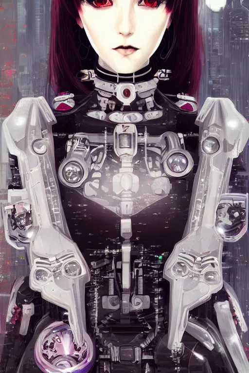 Prompt: portrait of beautiful young gothic cyborg anime maiden. cyberpunk, Warhammer, highly detailed, artstation, illustration, art by Ilya Kuvshinov and Gustav Klimt