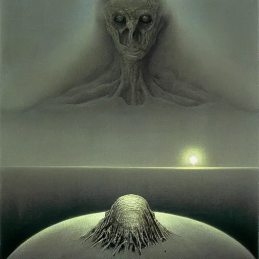 Image similar to the creature at the end of the universe, painted by zdzislaw beksinski